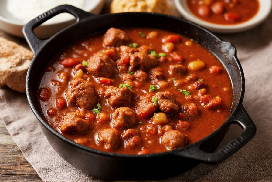 Traditional Texas chili con carne served in a cast iron pot with cubed beef and rich red broth