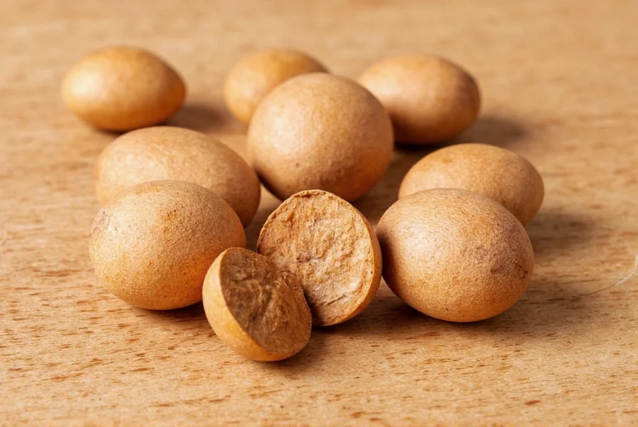 Close-up of whole nutmeg seeds next to freshly grated nutmeg on a wooden spice board