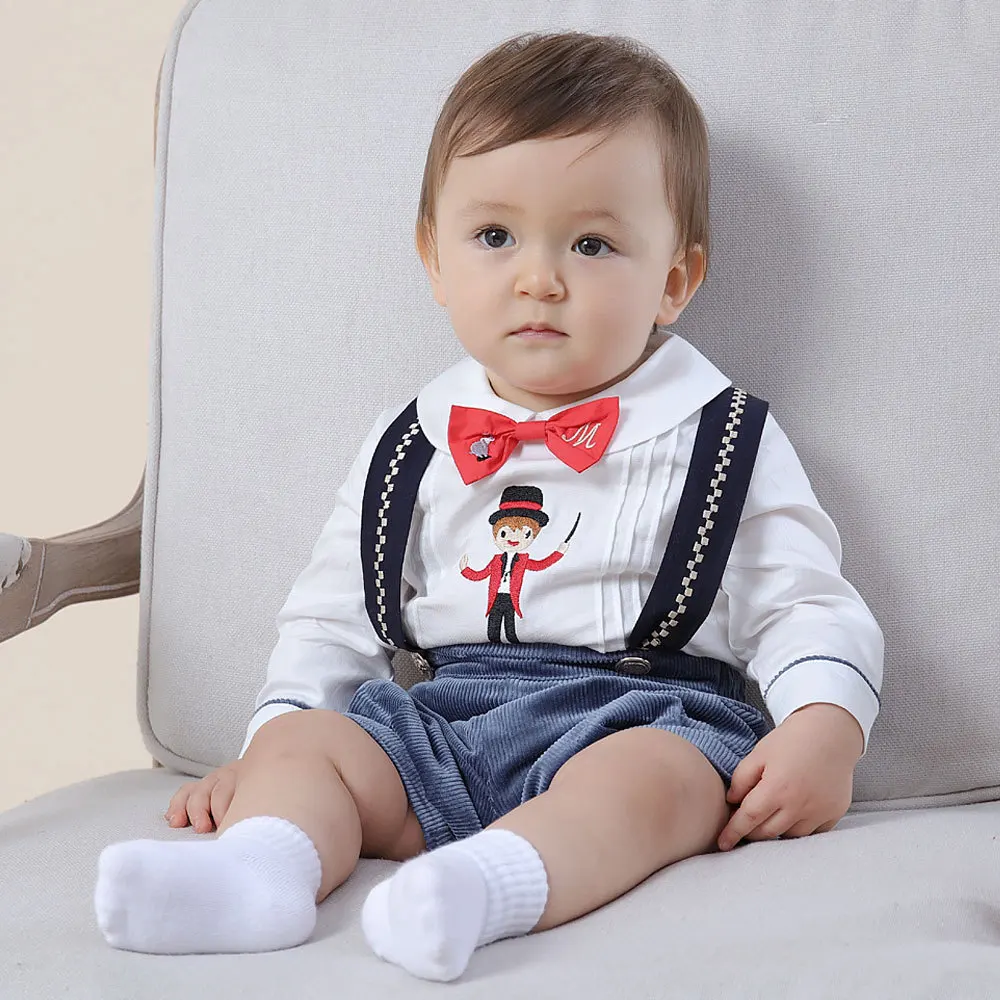 

Children Boutique Clothing Toddler Boys Birthday Party Embroidery Long Sleeve Cotton Shirt+Velvet Overalls Baby Clothes Set