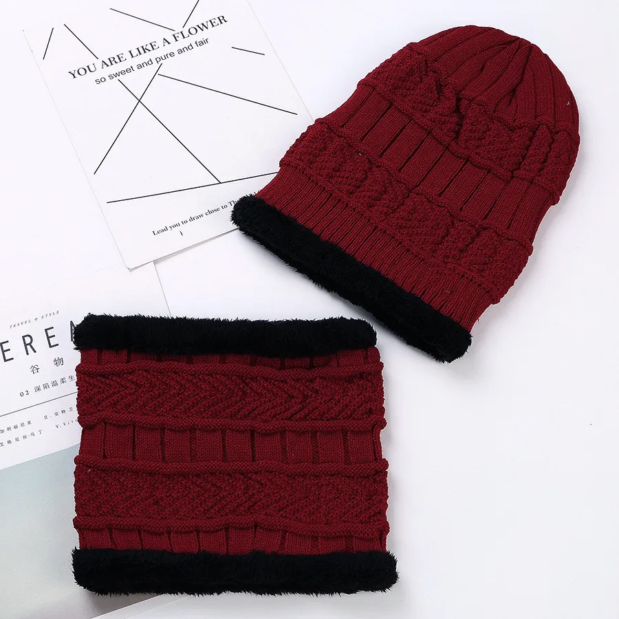 Winter Knitted Hat Scarf Set Warm Thicken Fleece Men Beanie Hat Scarf Set Solid Knit Windproof Outdoor Ski Cap Ring Scarf