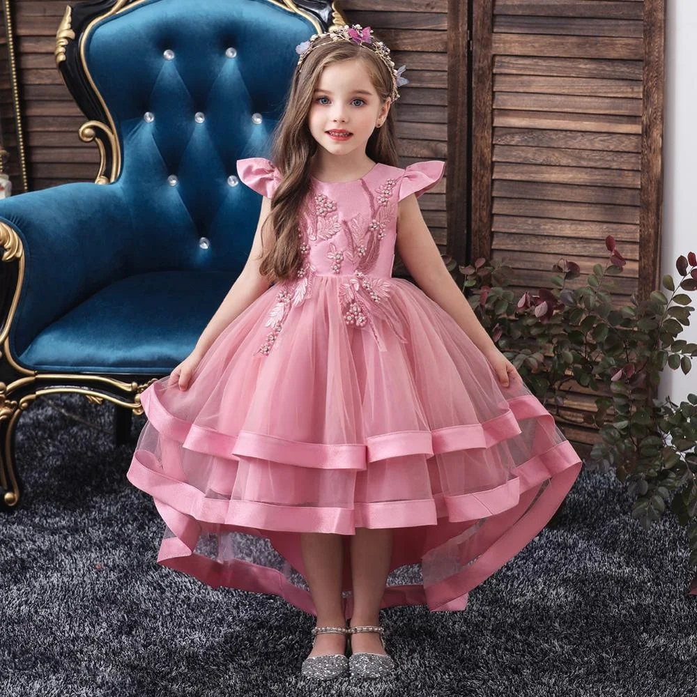 
Little Princess Girls Dress for Wedding Birthday Party with Train Size 2 14 Years Hight Low Embroidery Bead Dress  (62406573687)