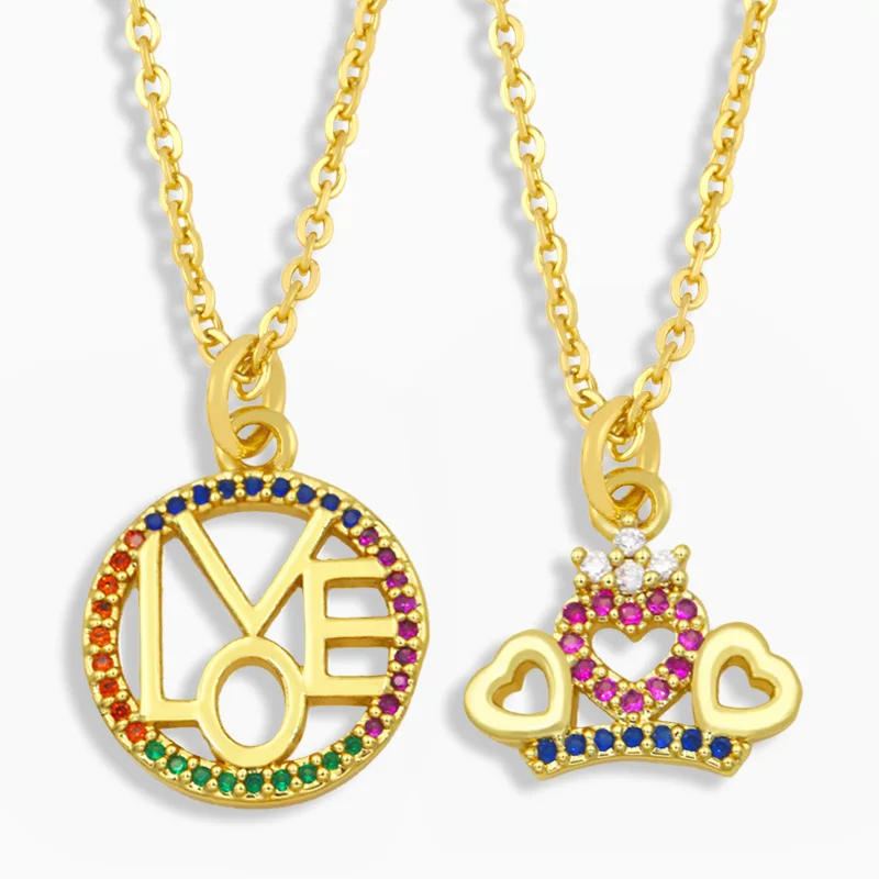 

Sailing Jewelry Vermeil Round Colorful Zircon Heart Necklace For Women Pave CZ Crown Heart Cubic Zirconia Love Pendant Necklace