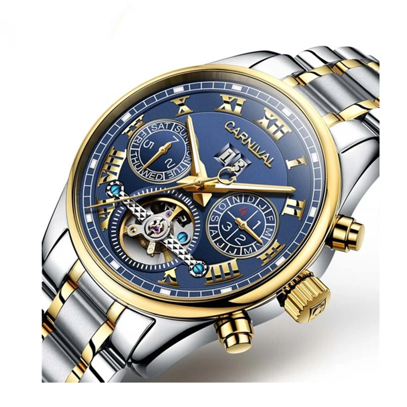 

2019 Hot Sale Stainless Steel Band / Leather Strap 8728G Men's Mechanical Wristwatch Carnival Watch, Gold / white / black / deep blue