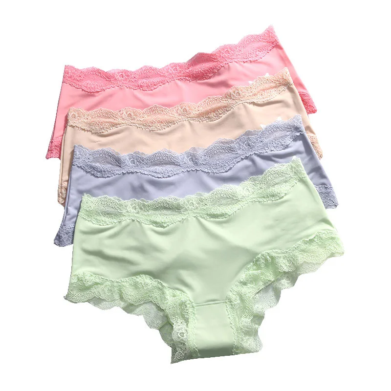 

Wholesale Seamless Women's Panties Ice Silk Underwear for Women Solid Sexy Lace Low-Rise Briefs Breathable Female Lingerie