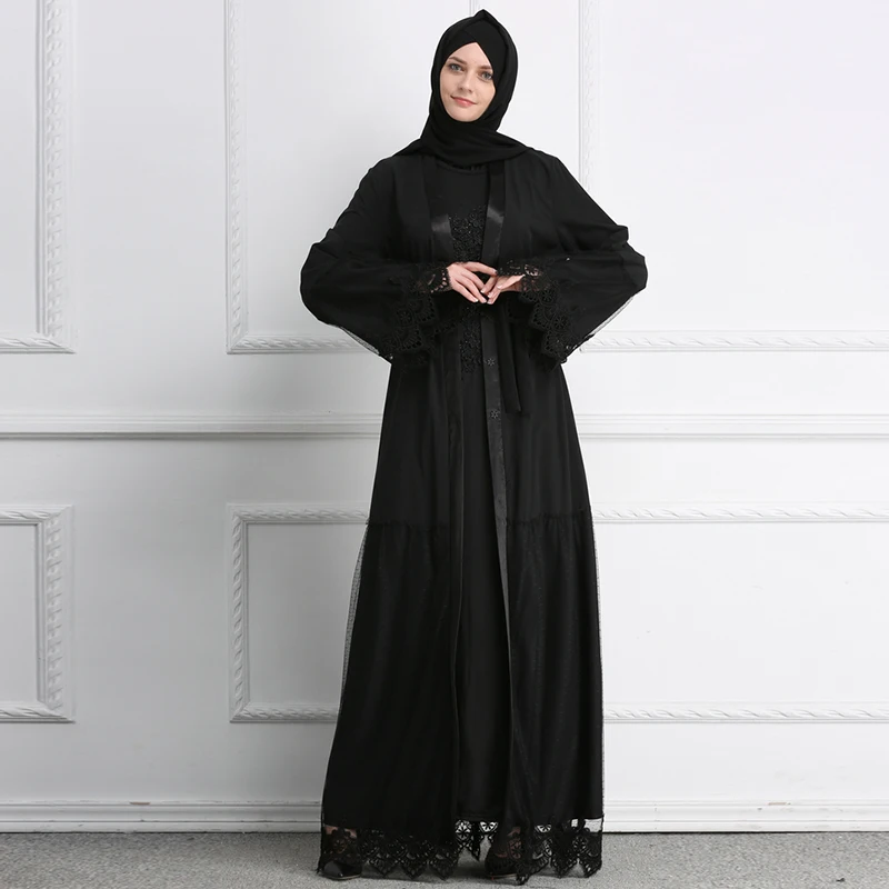 

2021 summer women V neck lace abaya islamic clothing dress jubah arab black muslim maxi open abaya kaftan, 1 colors