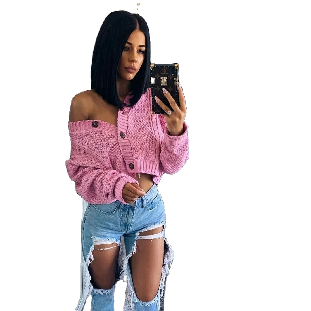 

2021 Winter Fall New Design Twist Knitted Top Short Sexy Belly Button Sweater Coat Women