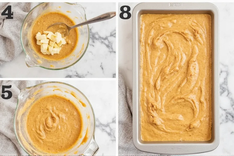 Step-by-step process of making banana cinnamon bread showing batter preparation and swirling technique