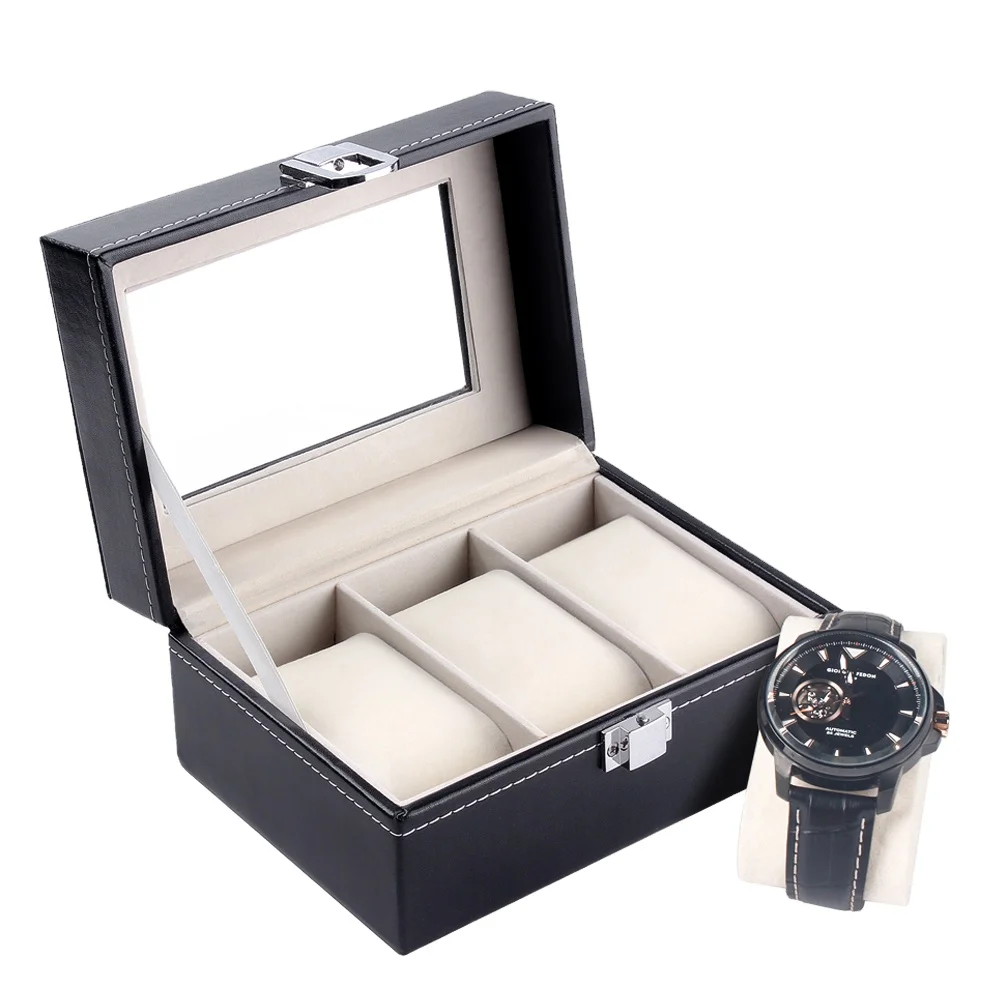 

Wholesale 3 slots Pretty pu leather watch box display box with lock in stock, China Manufactory Custom PU leather Watch Box, Black /oem color 100units