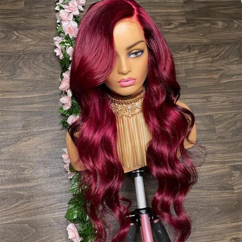 

Burgundy Wavy Human Hair Lace Front Wigs 99J Color Brazilian Cuticle Aligned Hair Hd Lace Frontal Wig Pre Plucked With Baby Hair, Natural black or custom