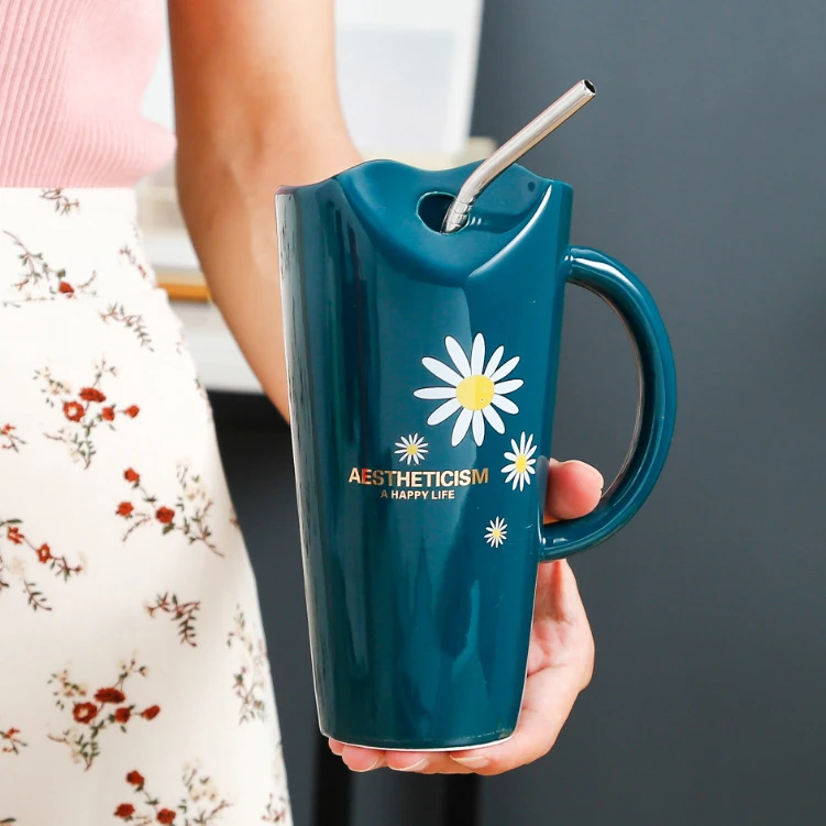 

Creative Daisies Ceramic Coffee Mug Cute Milk Mug, Red, black, pink, green