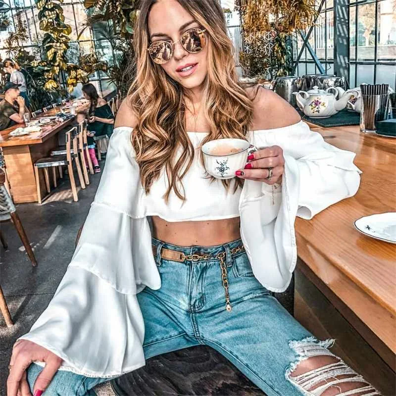 

Women New Stylish Spring Summer Women Ladies Flare sleeve Off Shoulder Solid Tank shirts Crop Tops, White