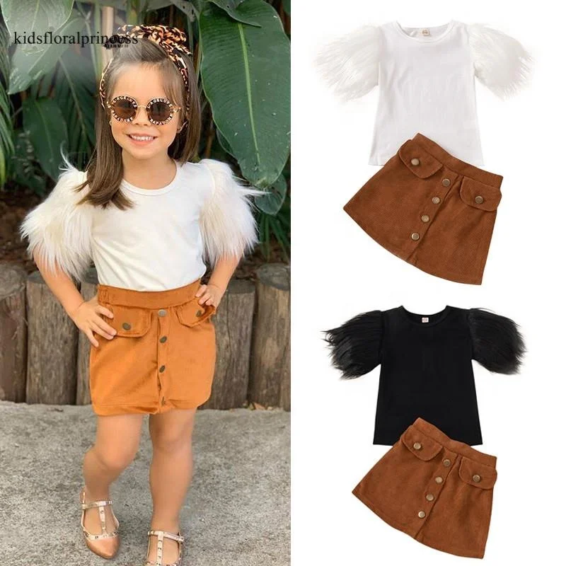 

3-8y Fashion Infant Girls Clothes Sets Fur Short Sleeve Solid T Shirts Tops Button A-line Skirts 2pcs Outfits, As picture