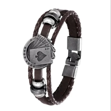 

European and American Style Three-layer Woven Playing Card Leather Bracelet Retro Mens Leather Bracelet, Picture