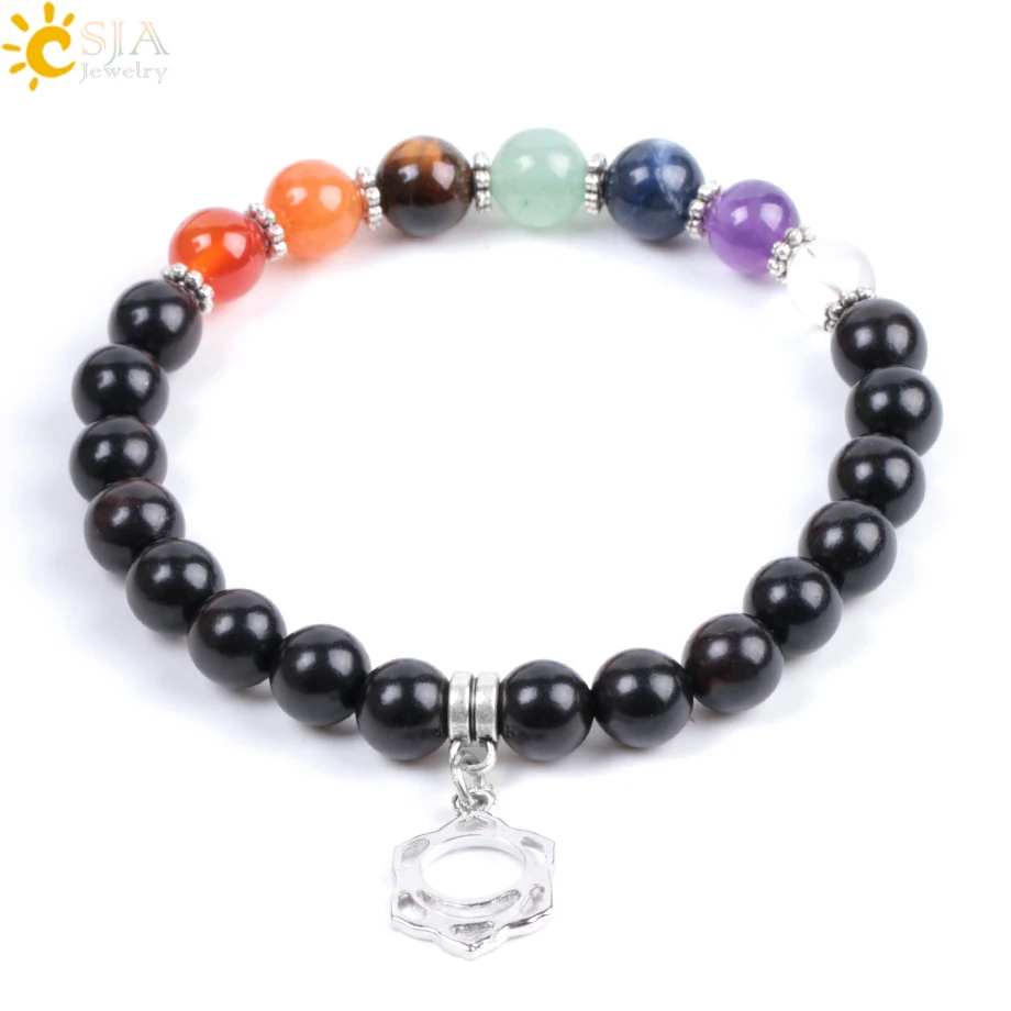 

CSJA wholesale black wood bead bracelet 7 chakra colorful mala wooden beads meditation charm stretch bracelet for men E991