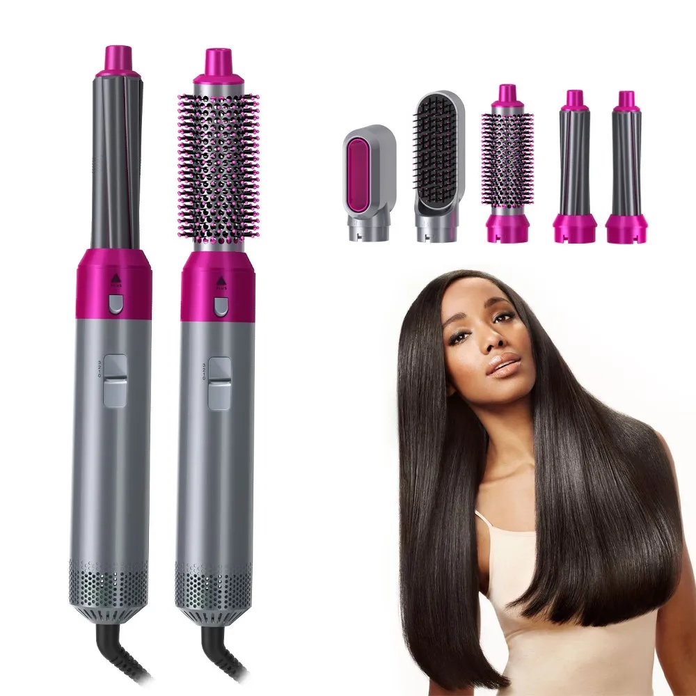 

Dropshipping Hair Styler 5 in 1 Hot Air Brush Ceramic Blow Dryer Straightening Curling Styling Hair Dryer Brush, Silver + rose