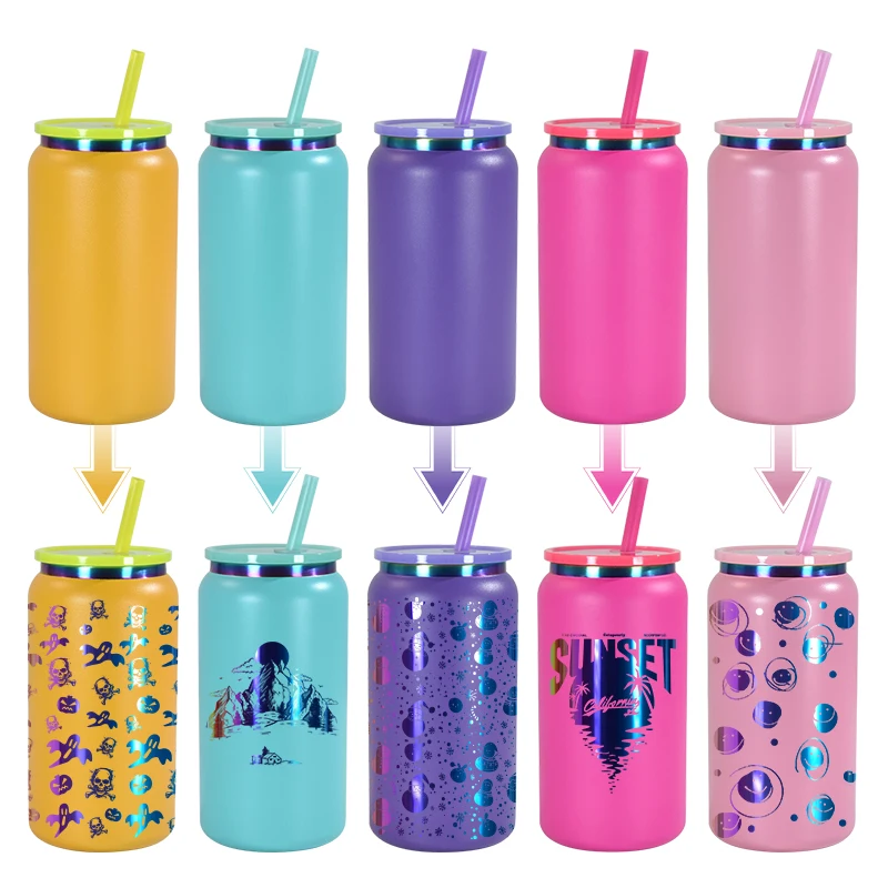 16oz Holographic Under Plated Mason Cup with Straw Stainless Steel Can Double Walled Insulated Tumbler for Laser Etched