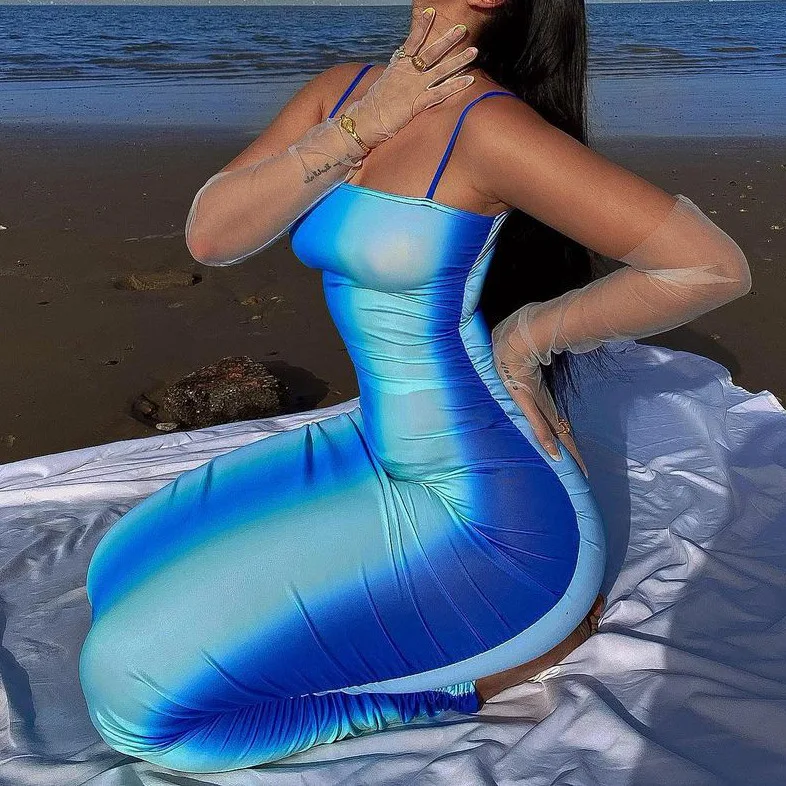 

Tie Dye Print Halter Maxi Dress For Women Bodycon Sleeveless Pencil Long Dresses Summer 2021
