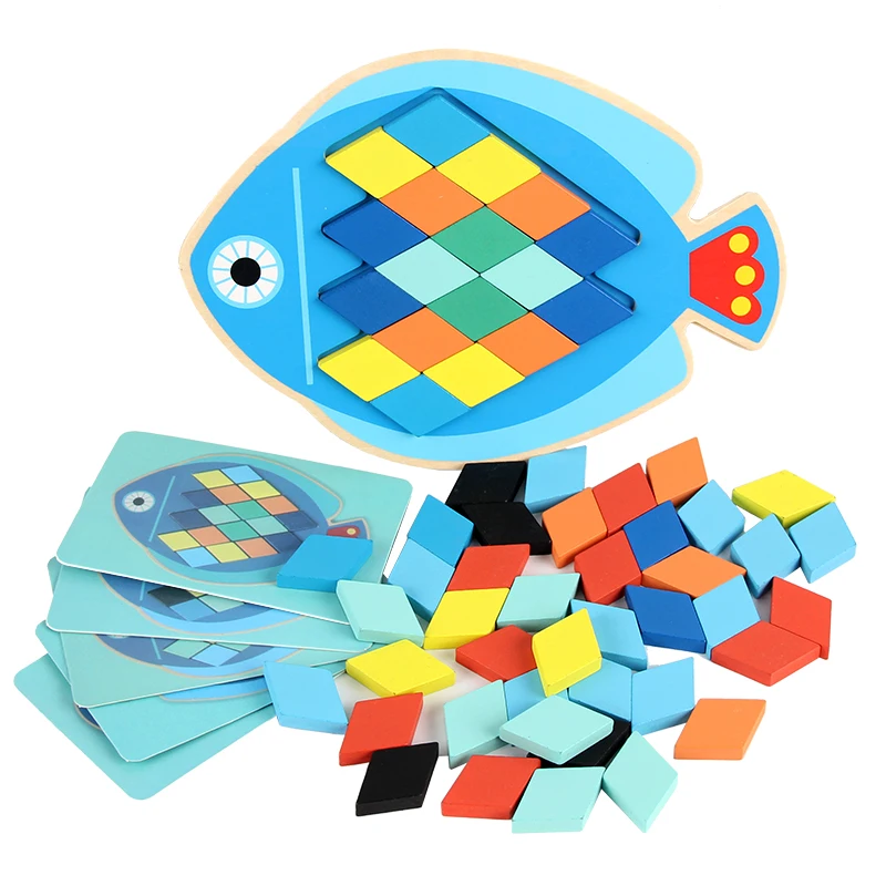 New Design Cartoon Animal Educational Montessori Wooden Building Blocks 3D Shape Puzzle DIY Combination Board for Kids