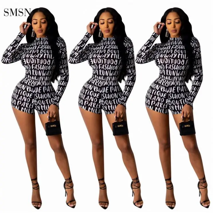 

Fashionable Long Sleeve Letter Print One Piece Romper Short Jumpsuit Sexy Jumpsuits Club Wear