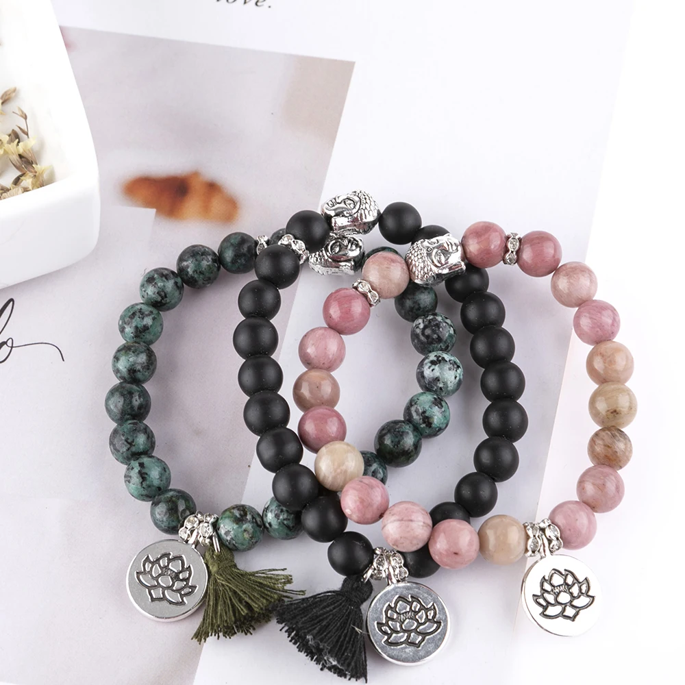 

Handmade Natural Stone Lotus Ohm Buddha Beads Bracelet Pink Zebra Stone Lotus Charm Bracelet for Women Men Yoga Jewelry Gifts, Picture