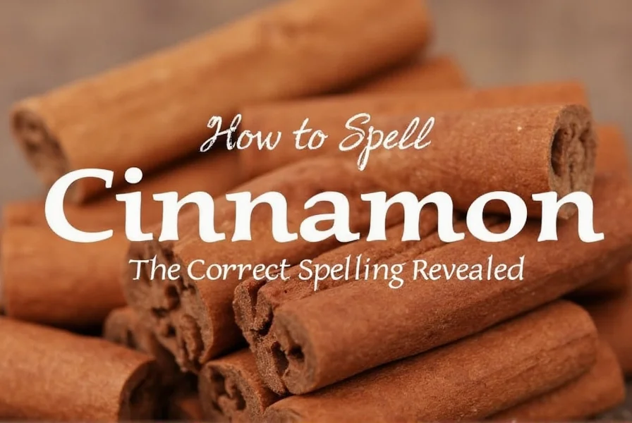 Close-up of cinnamon sticks with the word 'cinnamon' spelled correctly beneath them