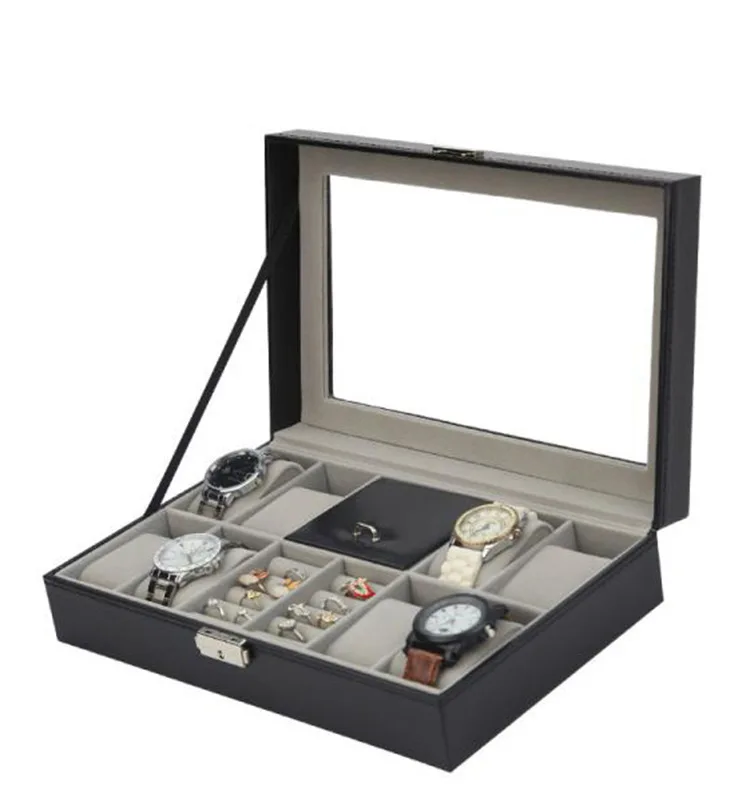 

Watch Case 8 Slots Pu Watch Case Flat Watch Display Case, Black color