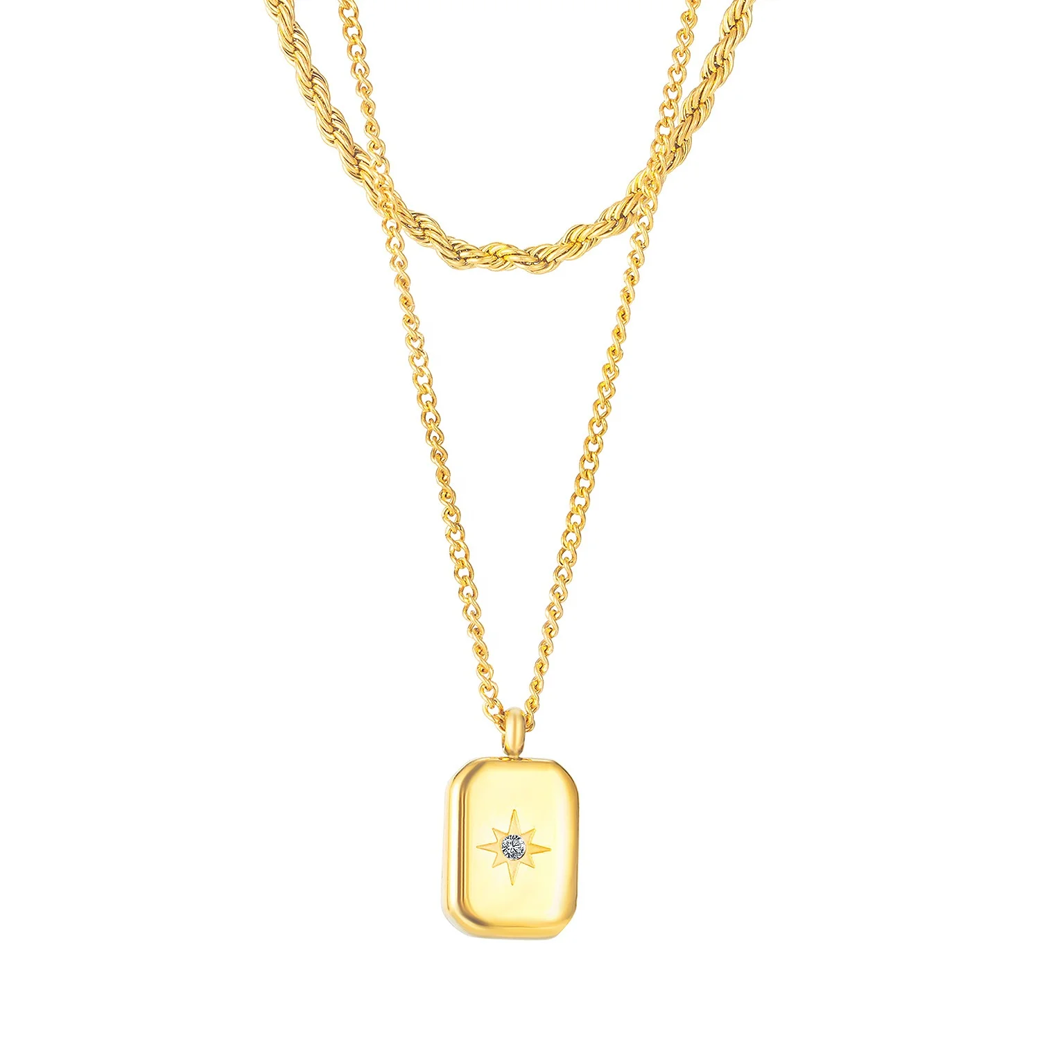 

Double Layer Chain Jewelry Plated 24K Yellow Gold Women 316L Stainless Steel Cube Necklace, Gold, rose gold