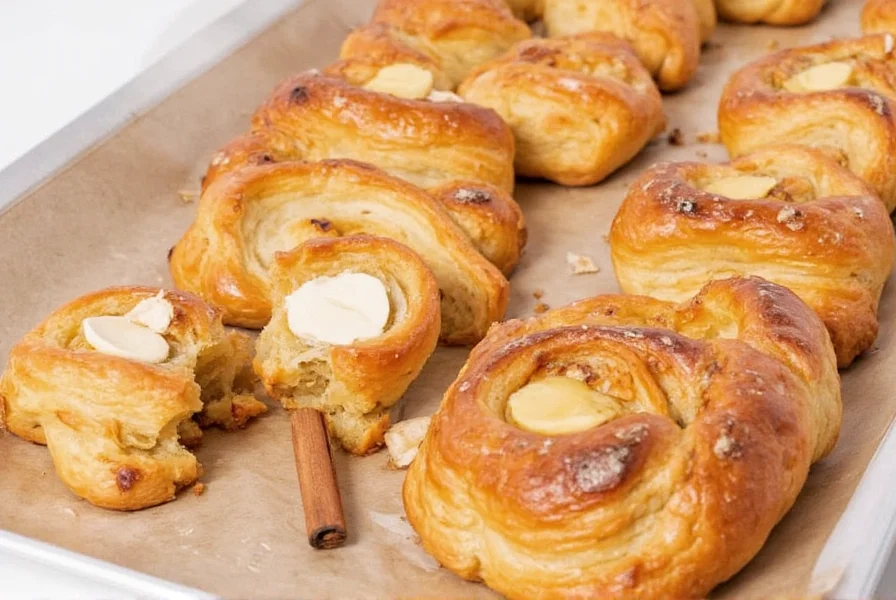 Close-up photograph showing the flaky layered structure of a freshly baked cinnamon danish with visible cinnamon swirl and cream cheese filling