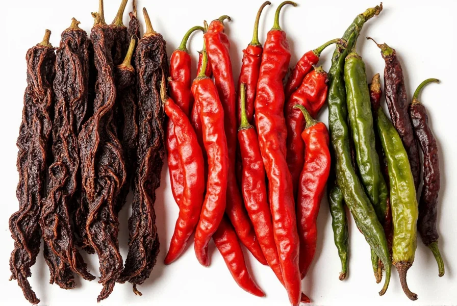Close-up comparison of dried ancho chiles next to common substitute peppers including guajillo, mulato, and pasilla