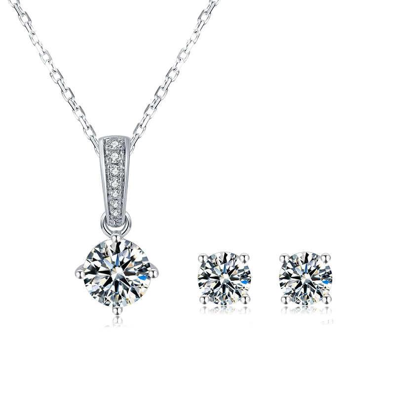 

Classic Four Prong Moissanite Necklace Earring Jewelry Set S925 Silver White Gold Plated 1 Carat Moissanite Zircon Jewelry Set