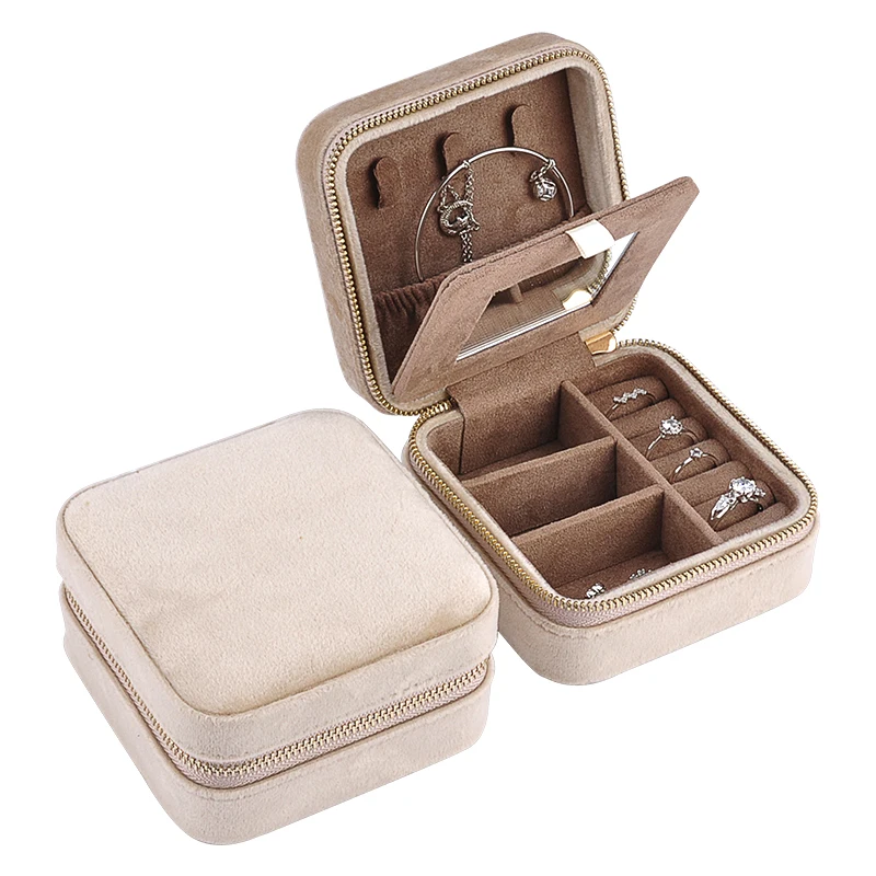 

Us Hot Sale Italy Velvet Travel Diamond Necklace Jewellery Zipper Box Beige Jewelry Case Mirror