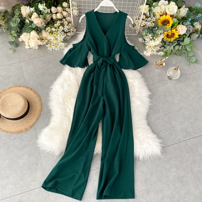 

2019 New fashion women off shoulder ruffles sleeve long jumpsuit with belt