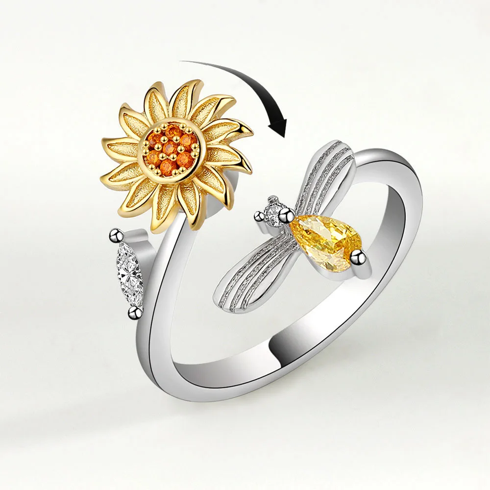 

Anillo Giratorio Cubic Zircon Adjustable Sormus Rotatable Relieving Anxiety Stress Spinner Sunflower Bee Rotating Ring