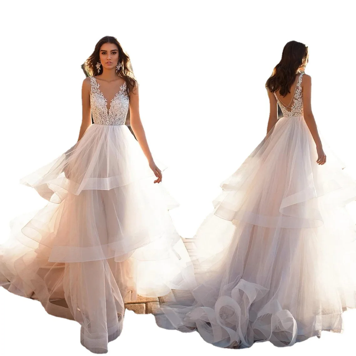 

Wedding Dress Beach V-neck Backless Beaded Lace Appliques Sleeveless Boho Bridal Gown Vestido De Novia, Picture
