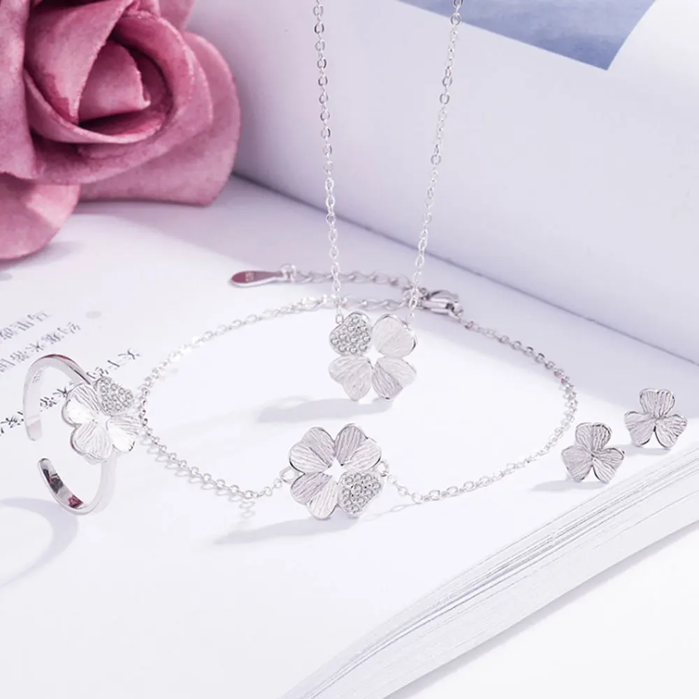 

korean style mini 925 sterling silver four clover charm necklace bracelet earring and ring jewelry set
