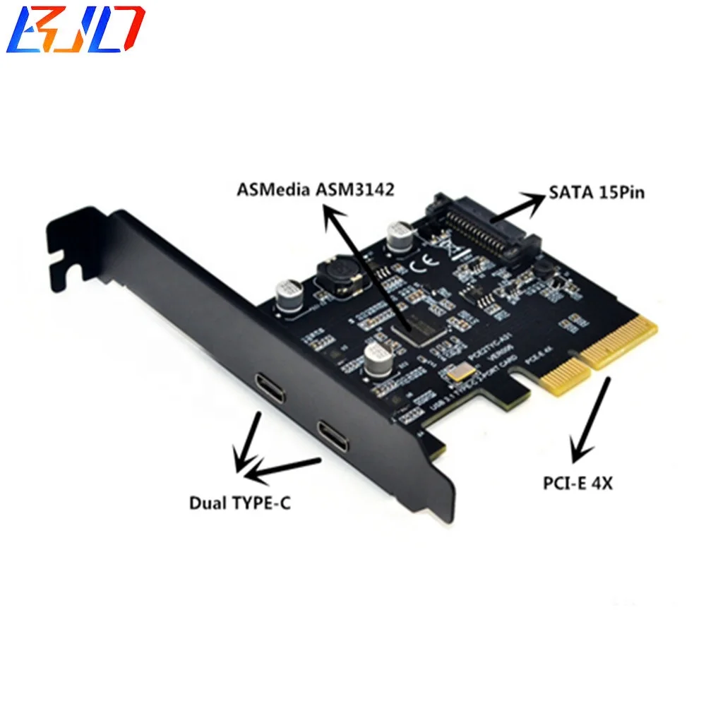 

10Gbps USB3.1 Extension Card ASM3142 PCI-E 4X to Double Type-C USB3.1 Adapter Card with Sata power port, Black