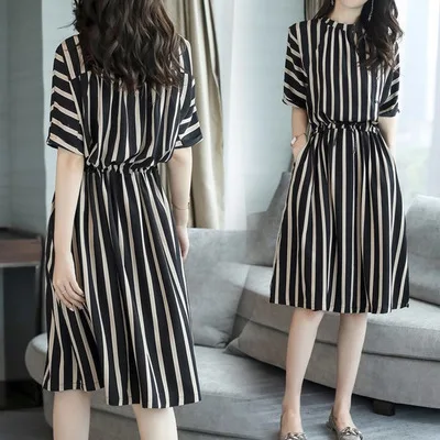 

2021 new plus size dress women spring and summer dress women's temperament fashion Korean mid-length waist striped skirt