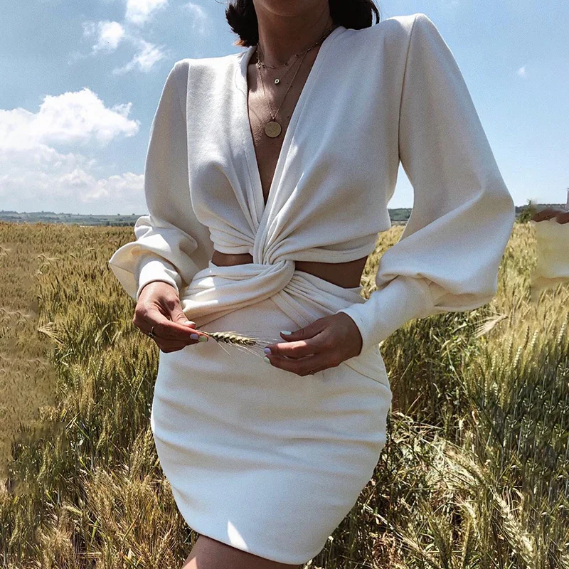 

2020 New Lady Cotton Dresses Women Elegant Casual Sexy Hollow Out Long Sleeve White Autumn Evening Bandage Mini Dress, White/black