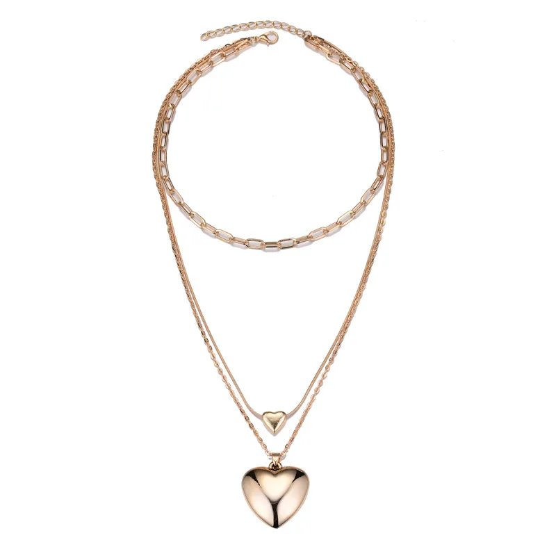 

2021 New Design Multi Layer Link Chain Heart Necklace Golden Plated Big Heart Pendant Necklace