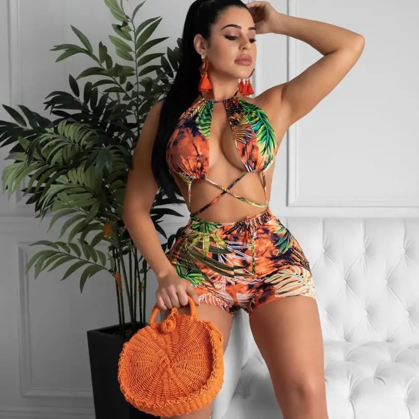 

2021 new arrival Women Summer Print Padded Halter Neck High Waist Sexy Two Piece Bikini Swimsuit