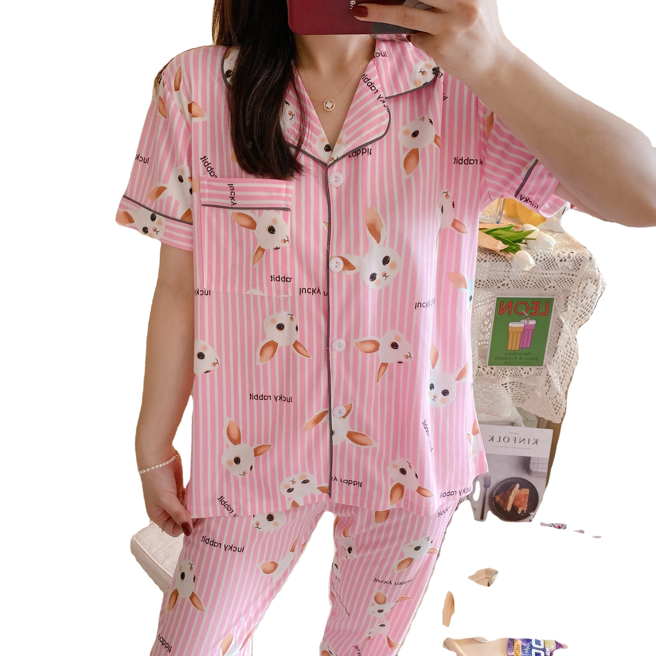 

Women's lapel with button cardigan pajamas 2pcs set milk silk cartoons printed casual short sleeved thin fabric homewear pajamas, As picture show
