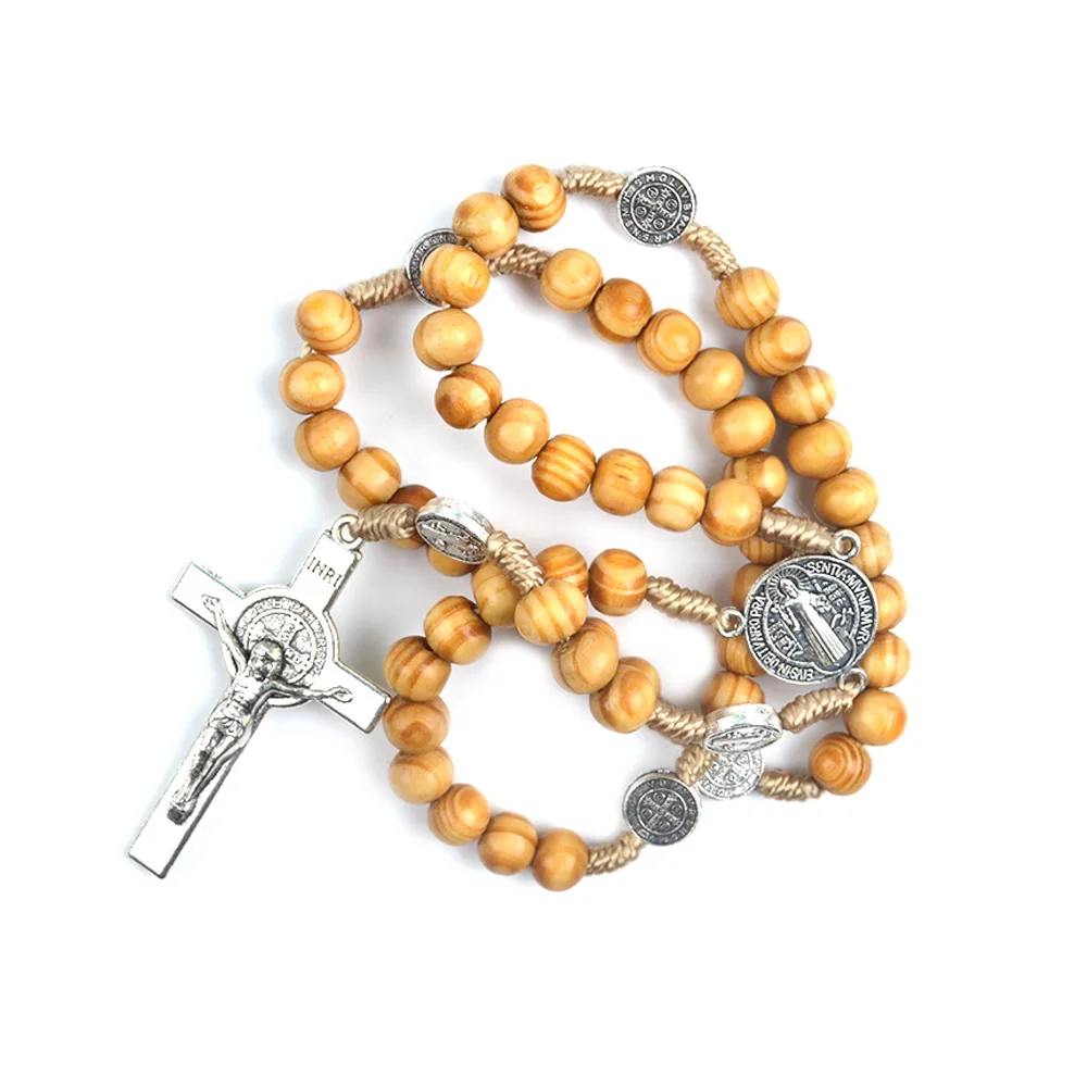 

Pine Wood Beads Rosary alloy Saint Benedict Pendant necklace Religious Crucifix Catholic Necklace Rosary, Picture