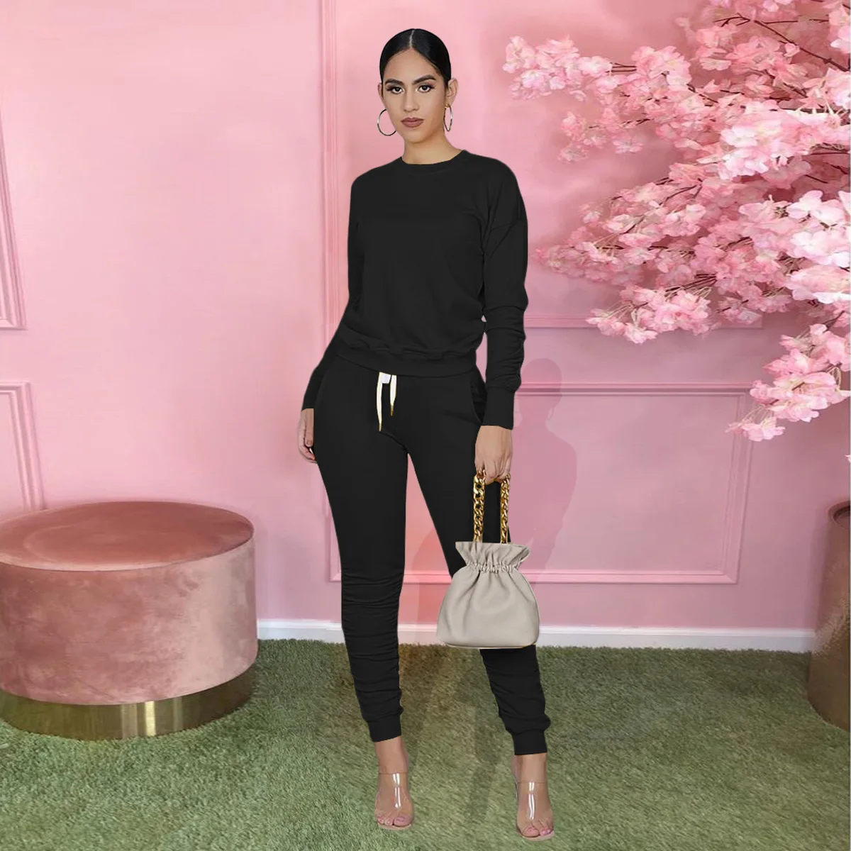 

2021 Women Clothing 2 Piece Outfit Joggers Sets Long Sleeve Crew Neck Solid Color Pullover Tops Pants Tracksuits