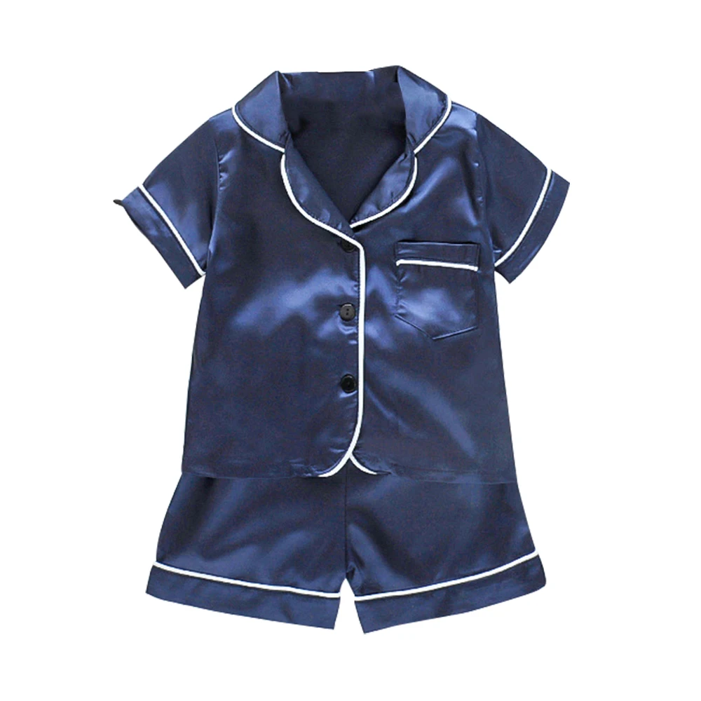 

What&why Kids Baby Boy Girl Silk Satin Top Pant Pajamas Short sleeve Solid Color Button-Down Satin Child Sleepwear Wholesale, Customized color