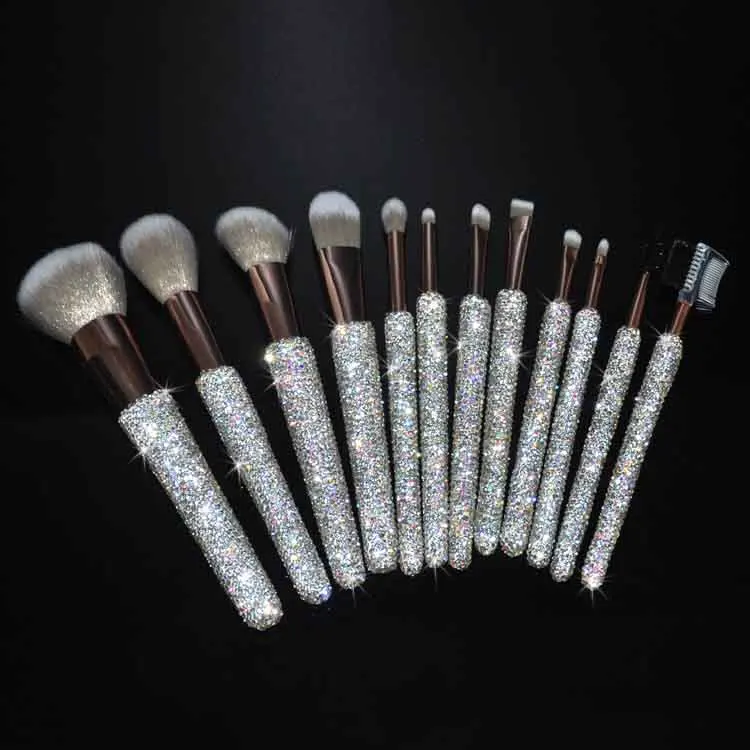 

Luxury high quality Bling Diamond Handle Glitter cosmetics foundation powder eyelash eyebrows eye shadow beauty makeup brush set, Silver