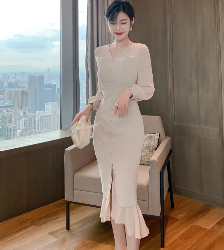 

Autumn Fashion Ruffled Chiffon Puff Long Sleeve Dresses Women Lady Elegant Dress, Pink,apricot