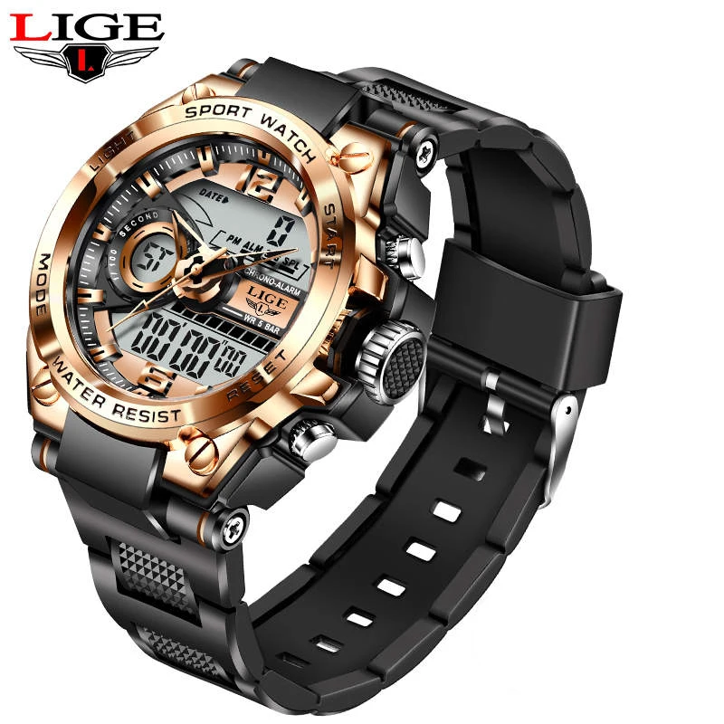 

Lige 8922 Latest Dual Display Watches for Men Silicone Waterproof LED Digital Military Wrist Watch