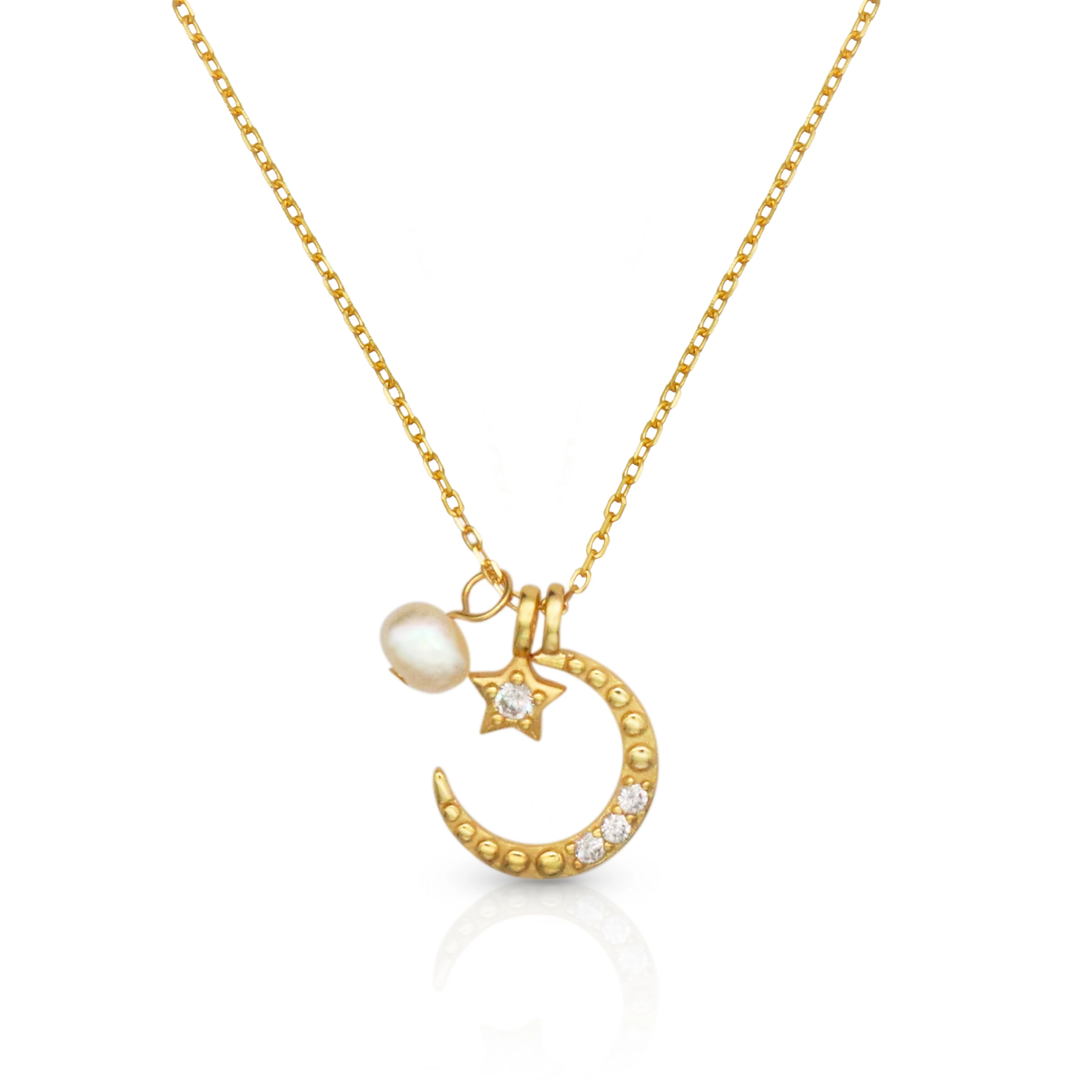 

Chris April fashion design multi-way weaning 925 sterling silver gold plated moon and star pendant necklace with natural pearls, Yellow gold