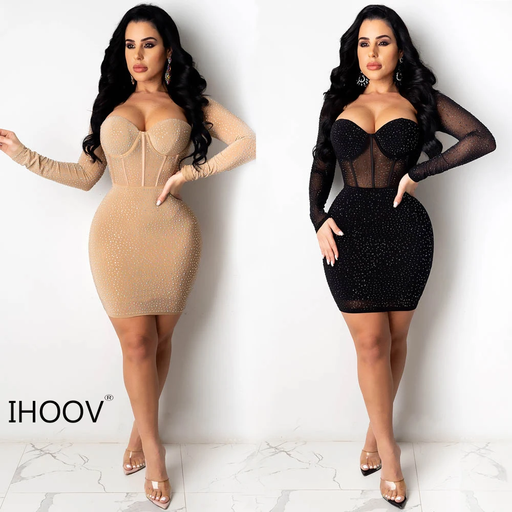 

IHOOV Long sleeve Corset Fixed cup Rhinestones elegant casual Sexy See-through Waist bodycon Dress women