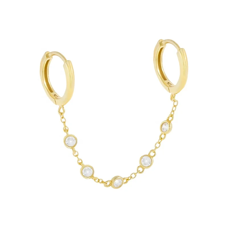 

Fashion style 925 Sterling Silver Cartilage Earrings Double Geometry Crystals Beads Chain Hoop Earrings For Women, Gold and silver